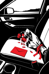 A pink envelope and a bouquet of wilting flowers on the passenger seat of a rental car.