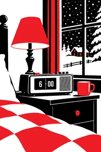 An old clock radio on a bed and breakfast nightstand flipping to six o'clock, snow falling outside.