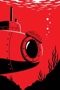 A red knit cap resting on the porthole of a small yellow submarine in deep blue water.