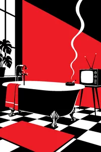 A clawfoot bathtub with a small television on a stand beside it and an ashtray on the rim.