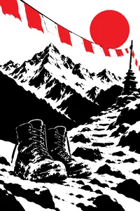 A pair of muddy army boots at the foot of a Himalayan mountain path, prayer flags overhead.