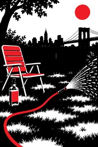 A garden hose spraying a patchy Brooklyn lawn beside a folding chair and a bottle of whisky.
