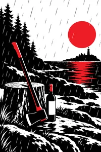 An axe leaning against a chopped tree in the rain beside a bottle of wine, on a New England island.