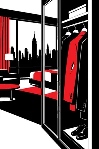 A mirrored corporate closet door in a Manhattan hotel suite, with a small tear through the fabric of a coat inside.