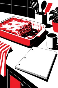 A cold half-eaten lasagna on a kitchen counter beside an unread script.