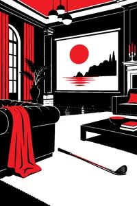 A mansion living room with a projector screen glowing and a dropped golf club on a white carpet.