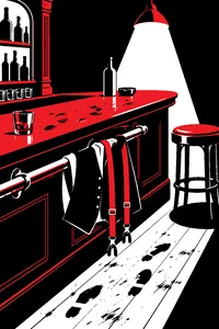 A polished saloon bar top scuffed with tap-shoe marks, a discarded vest and suspenders draped over a brass rail under a single spotlight.