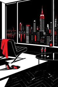 A penthouse window overlooking the Manhattan skyline at night, a bottle of champagne on the sill and scuff marks on the parquet floor.