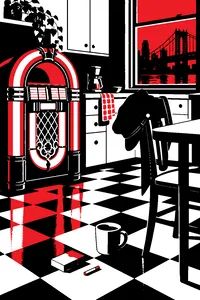 A jukebox glowing in a Queens kitchen, a pack of cigarettes and a coffee cup on the linoleum floor, a police cap hung on a chair.