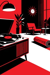 A hi-fi record player spinning a vinyl in a dim 1960s living room, a rolled rug pushed aside to clear the floor.