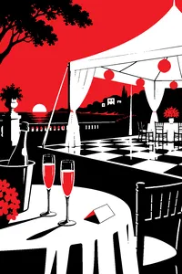 A white tent dance floor at a coastal estate at dusk, champagne flutes on a round table and a toppled place card.