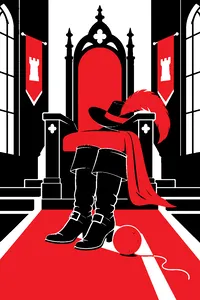 A pair of tall cavalier boots with plumed hat resting on a castle throne, a ball of yarn rolled beneath it.