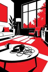 A sunlit living room with furniture pushed against the walls, a tangle of headset wires coiled on the coffee table.