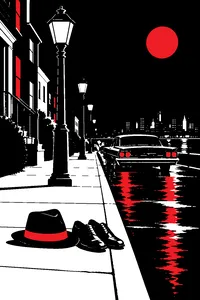 A row of streetlamps on a 1960s New Jersey street set at night, a fedora and a pair of polished shoes left at the curb.