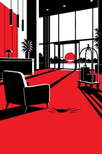 An empty hotel lobby at dawn with a wheeled luggage cart and a lone armchair, a dent in the carpet suggesting someone launched off it.
