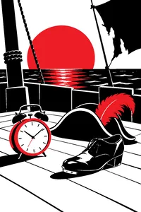 A ticking alarm clock on the deck of a cardboard pirate ship, a single tap shoe beside a plumed captain's hat.