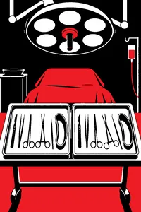 Two identical sets of surgical instruments laid out on matching steel trays under a cold operating lamp, one set slightly out of order.