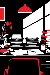Two identical typewriters side by side on a cluttered desk, one beside a wilting orchid and one beside a stack of action-movie paperbacks.