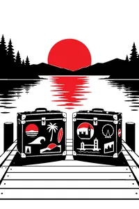 Two identical summer camp trunks at the end of a wooden dock, one covered in California stickers and one in London stickers, a lake at sunset behind.