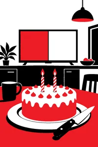 A birthday cake with two candles on a kitchen table, a split-screen television in the background and a knife resting on the cake plate.