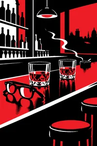 Two identical tumblers of whiskey on a smoky 1960s East End bar, one pair of thick-framed glasses folded beside one glass.