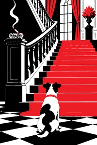 A small dog sitting alert at the foot of a grand staircase in a mansion, a single smoking cigarette in a crystal ashtray on the newel post.