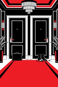 Two identical hotel suite doors side by side in a gilded hallway, one with a corporate briefcase outside and one with a muddy pair of boots.