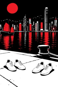 Two identical pairs of white sneakers mid-split on a Hong Kong dock at night, neon reflections in the water.