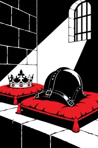 A dented iron mask resting on a velvet cushion in a stone cell, a royal crown on a matching cushion beside it.