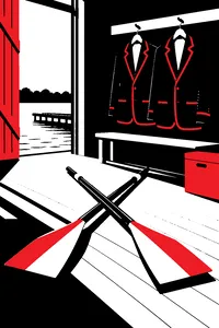 Two rowing oars crossed on a Harvard boathouse floor beside two identical blazers on hangers.