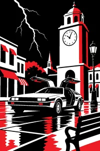 A stainless-steel gull-wing sports car parked in a 1950s town square under a clock tower stopped at 10:04, a bolt of lightning above.