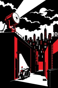 A rooftop floodlight pointed at a cloudy night sky over a city, a cracked lens and a lone police motorcycle in the alley below.