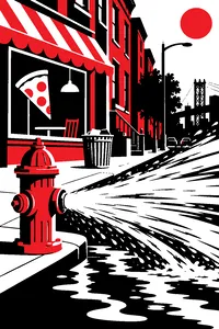 An open fire hydrant spraying water across a hot Brooklyn street, a pizzeria window and a trash can on the sidewalk.