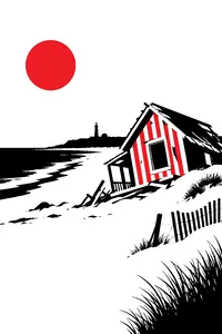 An empty Montauk beach in winter with a lone striped beach house half-collapsed into the sand under a pale sky.