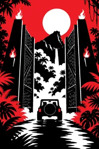 Giant wooden park gates with flaming torches opening onto a jungle road, a tour jeep idling in the mist.