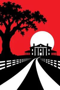 A plantation house silhouetted against a burning orange-red sky, a lone tree and a dirt road in the foreground.