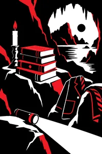 A candlelit cave with a stack of old poetry books, a flashlight and school blazers draped over rocks.