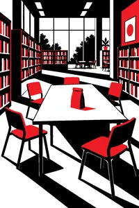 An empty high school library on a Saturday with five chairs pushed back from a table and a brown paper lunch bag.