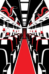 An airplane cabin aisle with oxygen masks dangling from the ceiling and coiled snakes in the overhead bins.