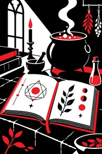 An old potions textbook lying open with handwritten notes in the margins, beside a cauldron and a vial on a stone table.