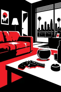 A rundown Los Angeles apartment with a cheap couch, a mobster's revolver on a coffee table and a fishbowl.