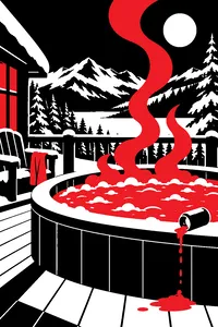 A bubbling hot tub on a snowy ski-lodge deck, an energy drink can spilled on the ledge, steam glowing red.