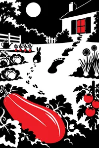 A trail of rabbit tracks across a moonlit vegetable patch turning into large footprints that lead up to a cottage window, a giant prize marrow in the foreground.