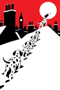 A row of spotted puppies walking in single file through deep snow toward a London rooftop of chimneys, one dog on a hill barking toward the moon.