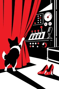 A small dog's paw tugging back a heavy curtain to reveal levers, dials and a microphone behind it, a pair of sparkly shoes on the marble floor.