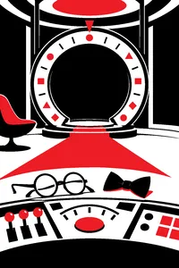 A round time machine chamber with a dial of historical dates, a pair of round eyeglasses and a bow tie resting on its control panel.