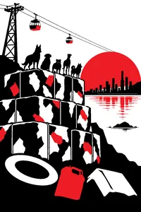 Mountains of trash bales on a gray island under a cable car line, five dog silhouettes on the highest ridge looking across the water at a city skyline.