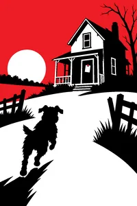 A small scruffy dog running down a dusty country road toward an abandoned old house, a ransom note pinned to its front door.