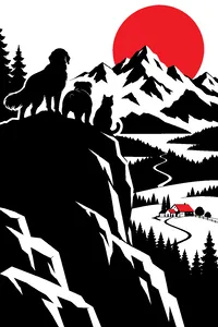 A golden retriever, a bulldog and a cat silhouetted on a granite ridge in the mountains, a long trail winding down to a farmhouse far below.