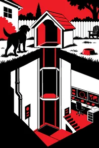 A doghouse in a suburban backyard with its floor opened to reveal a high-tech elevator shaft and blinking control screens below.